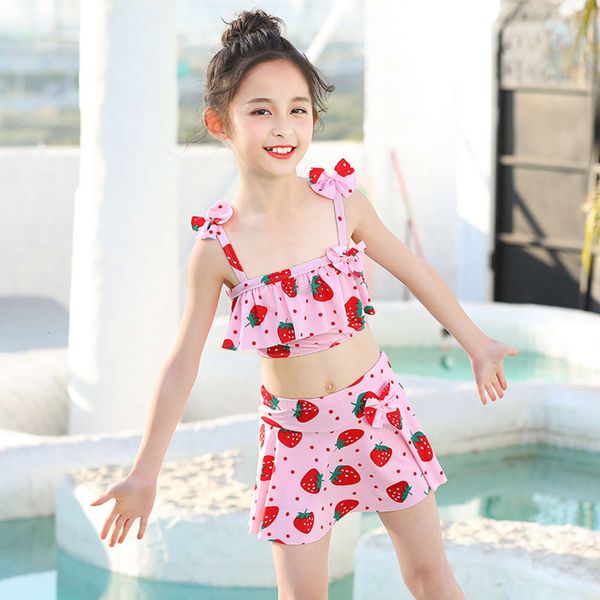 

children's swimsuit girl's middle and old children's split body high waist slim cute little strawberry princess skirt bikini, Blue