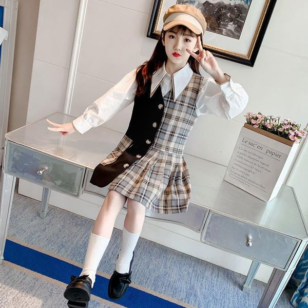 

clothing sets girls suits 2021 fall long sleeve lapel shirt + stitched vest children's fashion suit size 110-170cm good quality kids cl, White