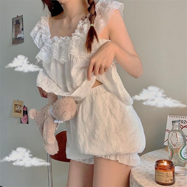 

women's tracksuits summer japanese kawaii vest shorts women suit casual prairie chic sweet sling two-piece ulzzang fashion large size l, Gray