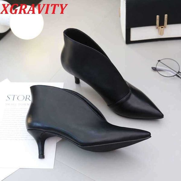 

xgravity new pop pointed toe girl thin heel woman boots deep v design lady fashion shoes elegant european women shoes s01 210429, Black