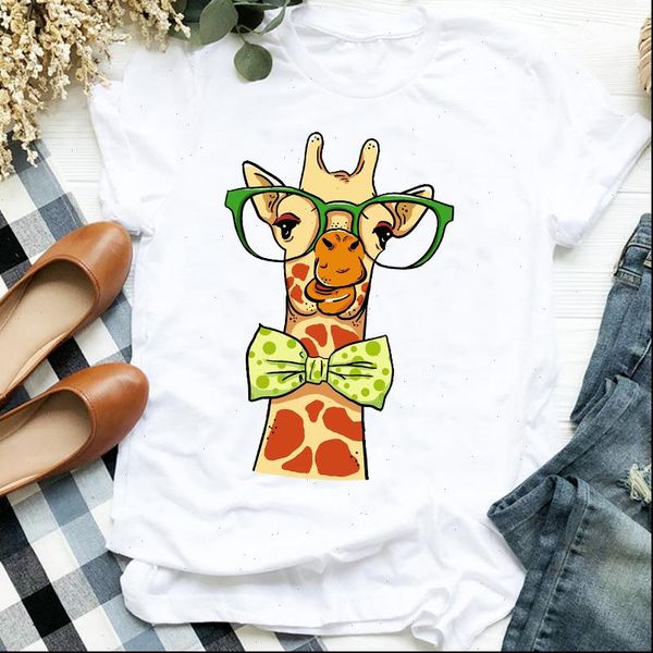 

women lady cartoon giraffe flower animal fashion 90s trend cute t tee womens tshirt female shirt clothes graphic t shirt, White