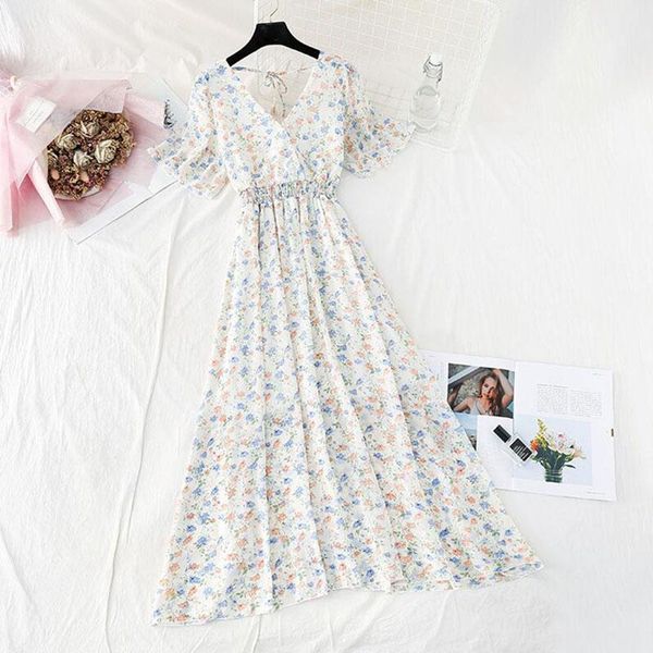 

casual dresses women elegant summer dress vintage floral printed chiffon 2021bohemia short sleeve long high waist vestidos, Black;gray