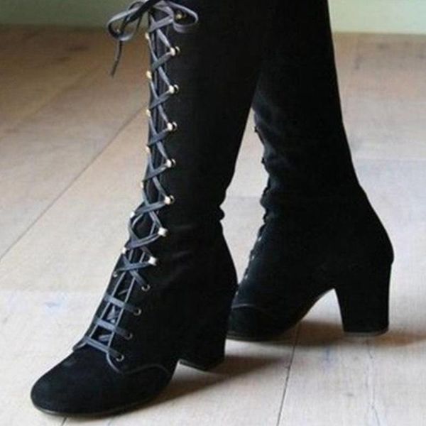

boots 2021 women plus size fashion casual vintage retro mid-calf lace up thick heels autumn winter warm shoes mujer, Black