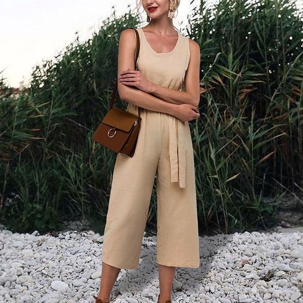 

women's jumpsuits & rompers tryeverything khaki casual jumpsuit women summer 2021 sleeveless cotton linen belt long pants for romper, Black;white