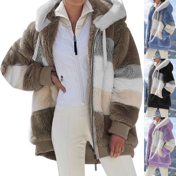 

autumn winter loose plush multi color stitching hooded coat for men, Gray