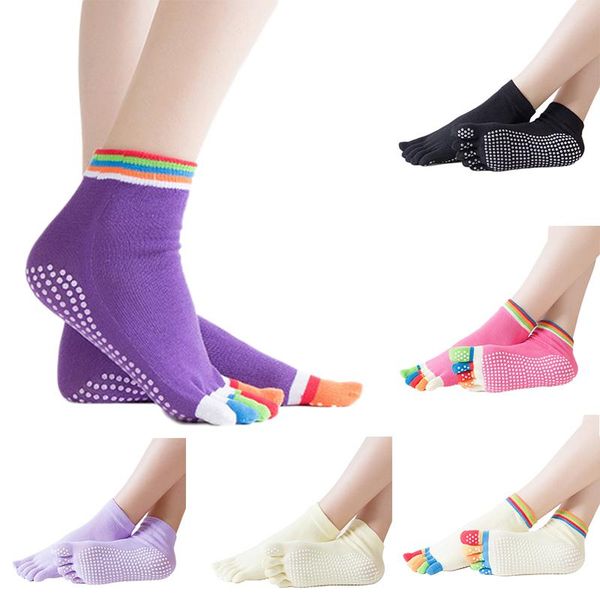 

sports socks colourful elastic 5 toe women anti-slip yoga ballte girls non slip ladies pilates five fingers fitness sport gear, Black