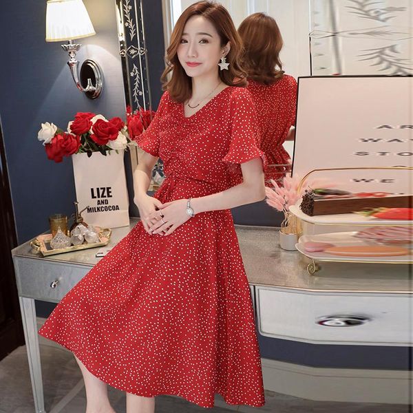 

maternity dresses summer drawstring waist dress v-neck pregnant women chiffon red slim fashion small polka dot a-line, White