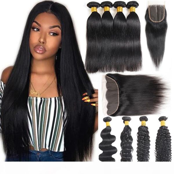 

brazilian virgin hair straight 4 bundles with frontal body water deep wave human virgin hair with closure kinky curly human hair extensions, Black;brown