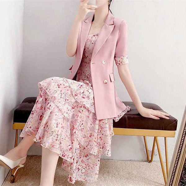 

profsional pink gentle wind wear advanced sense fried street suit women's summer floral suspender cake skirt two piece set, Black;gray