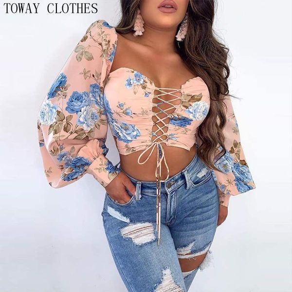 

floral drawstring lace-up blouse square collar long sleeve women, White