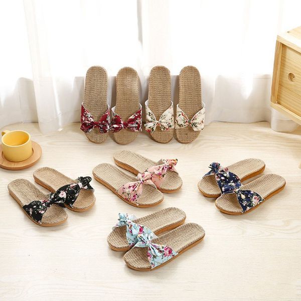 

new womens flesh summer casual slides beach shoes ladies indoor linen flowers bow slippers sandals, Black