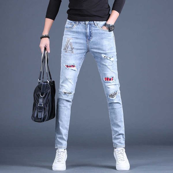 

hole summer print jeans men's pants drill fashion brand slim small foot casual embroidery thin, Blue