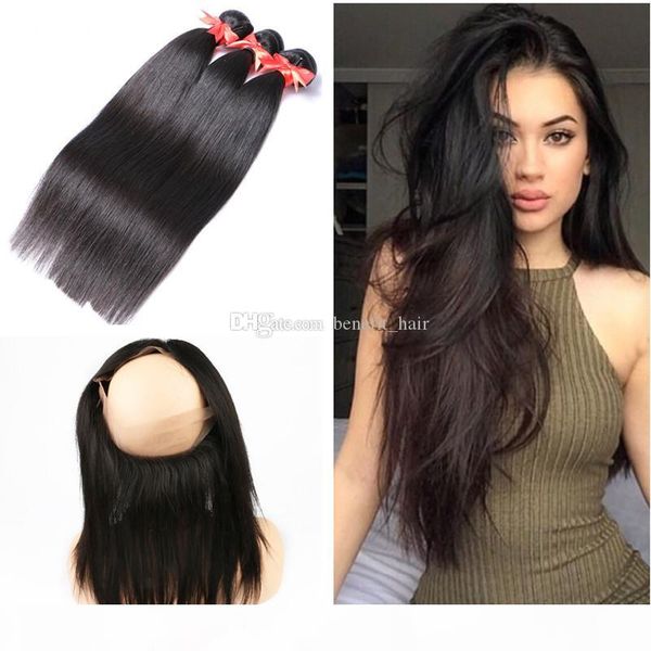 

natural color silky straight pre plucked 360 lace band frontal closure with brazilian 9a virgin human hair extensions 4pcs lot, Black;brown