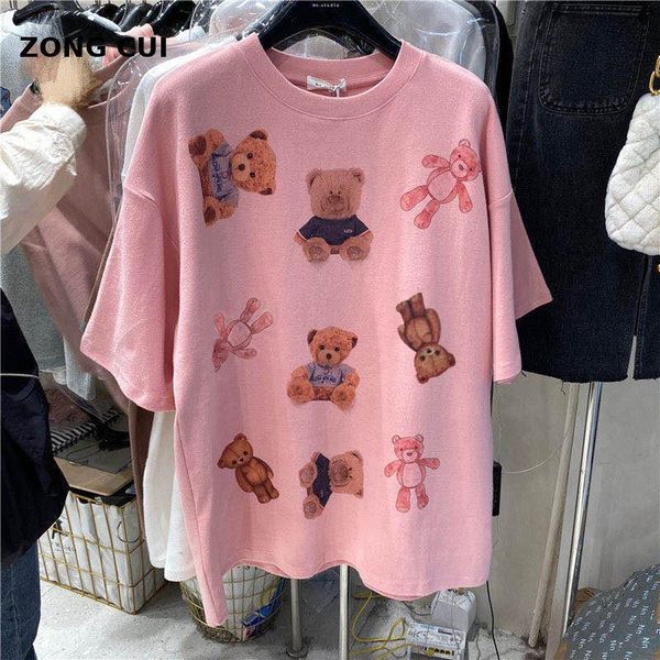 

women's t-shirt 2021 spring summer round neck printed short sleeve teddy bear casual o-neck street style pink, White