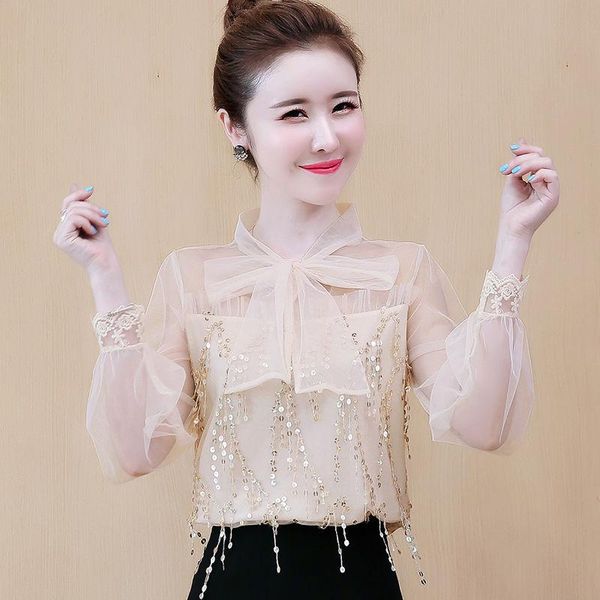 

women's blouses & shirts spring autumn 2021 clothing blouse chiffon shirt western style lace bottoming fashion trend bow neck long slee, White