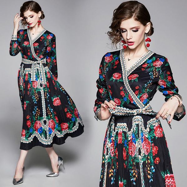 

casual dresses european station high-end printed v-collar long sleeve mid-long pleated slim, Black;gray