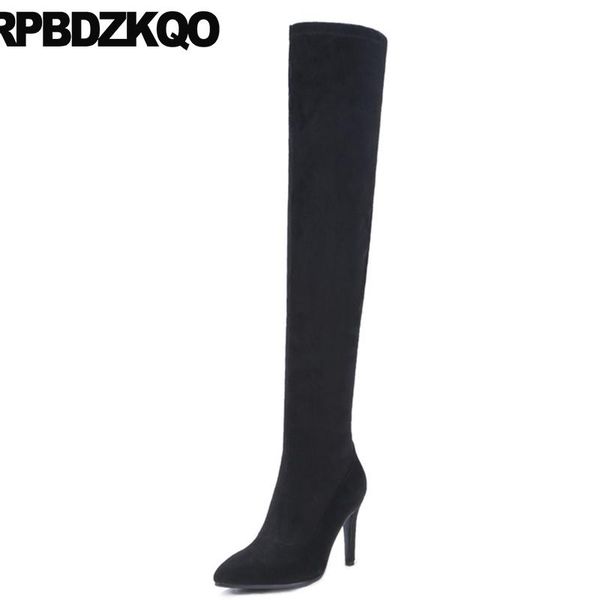 

boots black over the knee high heel slim stiletto pointed toe brand thigh for plus size women big dance 10 shoes stretch winter