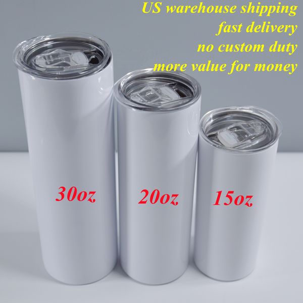 EU envio !! Sublimação Em branco Tumbler Straight Straight 15oz 20oz 30oz com metal de borracha de metal Borble Shrink Warps Sublimação Fita de calor BPA Free BPA Free Tumblers