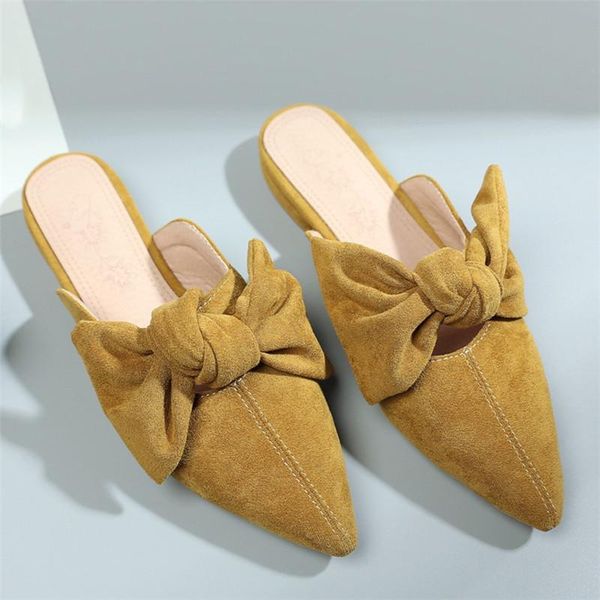 

dress shoes 2021 flat mules women flats pointed toe slingback bow outdoor slippers pring summer elegant slides pink yellow 43 44, Black