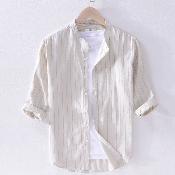

2021 new 100% linen brand shirts men fashion three quarter sleeve casual mens summer stand collar shirt male stripe chemise 9dsk, White