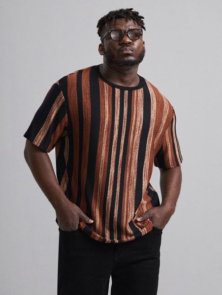 

extended sizes men striped print round neck tee e0tn#, White;black