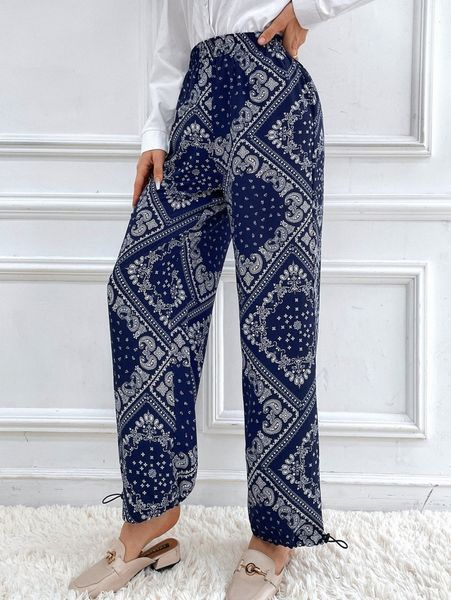 

paisley scarf print drawstring hem pants r2nk#, Black;white