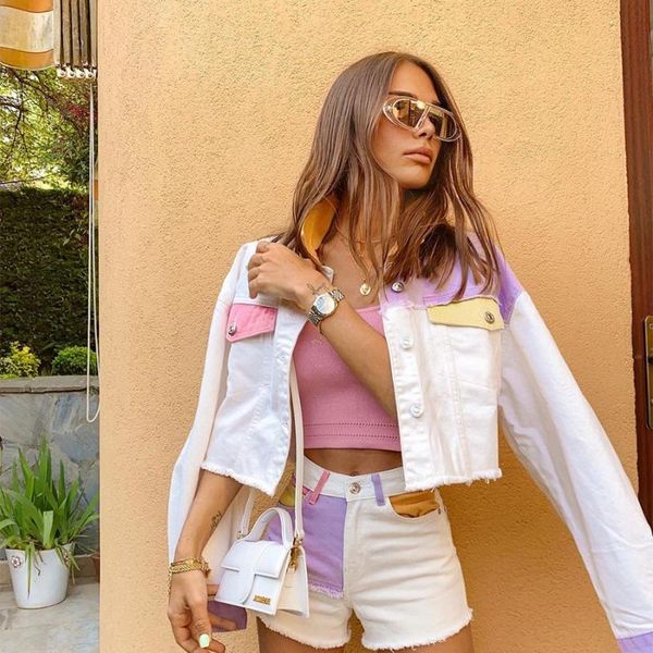 

women's jackets 2021 women's women autumn and winter color patchwork short lapel single-breasted contrast denim jacket, Black;brown