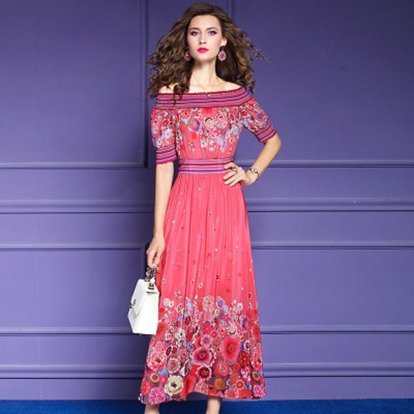 

2021 new fashion mulberry silk printed women's short sleeve slash neck open shoulder skirt holiday beach dress plus 3xl z3am, Black;gray