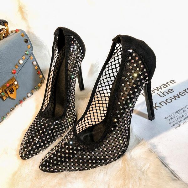 

dress shoes women glitter colorful rhinestones pumps hollow out breathable mesh thin heeled party sandals wedding bride, Black