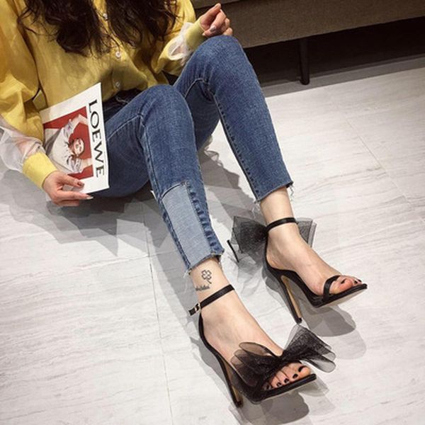 

sandals 2021 butterfly-knot high heels summer fashion white silk peep-toe women buckle strap back pumps wedding party shoes 8cm, Black