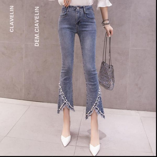 

plus size flare beaded tassel womens jeans high waist elastic slim denim pants ankle length trousers boyfriend l3201, Blue
