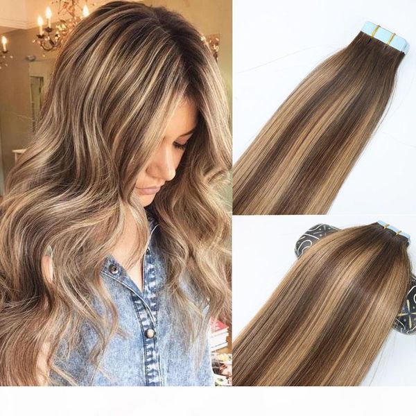 

skin weft tape in human hair extensions pu tape hair 40pcs set 14 - 24 inches balayage ombre hair color highlight hairstyle, Black