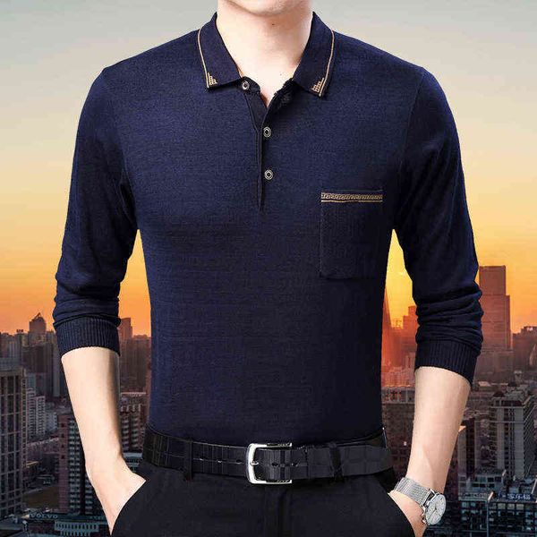 

men's sweaters 2021 spring middle-aged men's knitted t-shirt dad's thin casual solid color lapel long sleeve t-shirt men, White;black