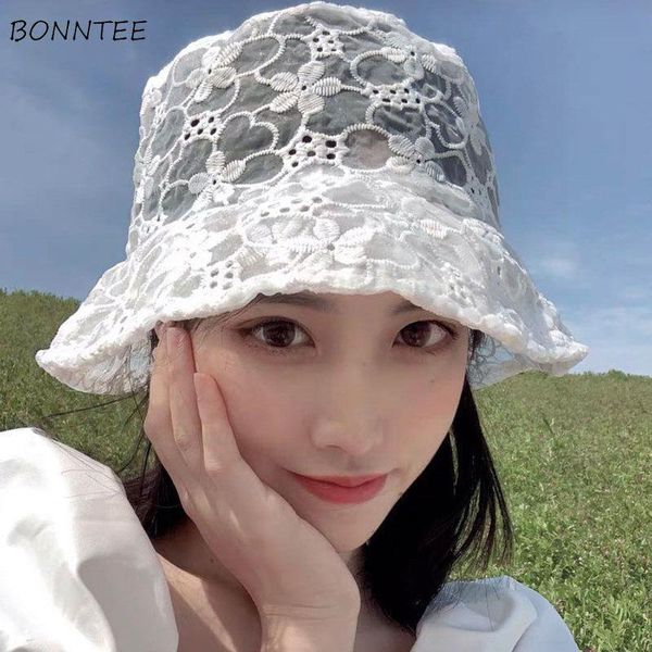 

wide brim hats bucket women lace lovely chic streetwear girls elegant sweet outdoor hollow out tender all-match sun-proof summer female, Blue;gray