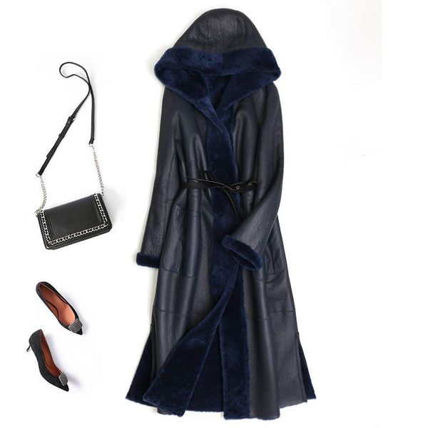 FULO FULEX ARLENESANAIN Custom 2021 Design Design preto e azul escuro lã de lã mulheres genuínas Casaco comprido de couro genuíno