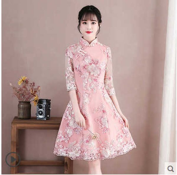 

luxury party evening dress improved 2021 spring summer pink lace cheongsam short, elegant and fashionable, Black;gray