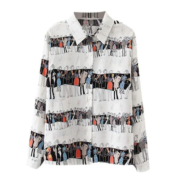 

vintage cartoon print blouse women spring 2021 fashion long sleeve turn down collar and blouses female loose shirt, White