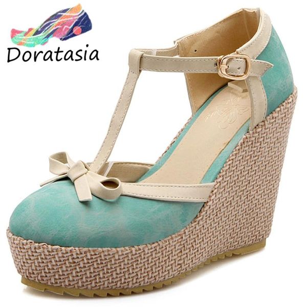 

sandals doratasia women round toe strap strew heel wegdes platform shoes cover bowknot summer, Black