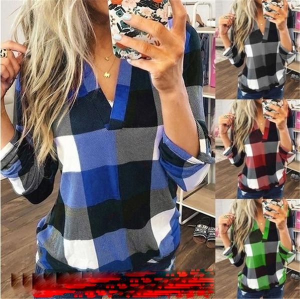 

women's blouses & shirts women jumpers mid sleeve loose blouse casual ladies v-neck pullovers woman summer plaid grid blazers female c, White