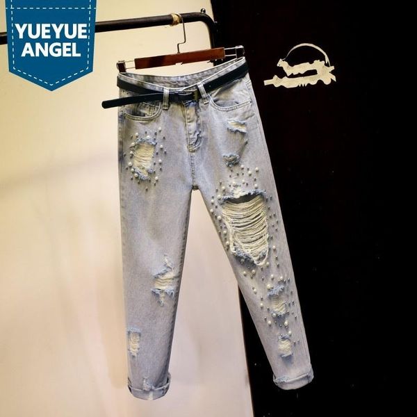 

women's jeans summer embroidered flares hole ripped womens denim trousers high waist slim ankle length streetwear female harem pants, Blue