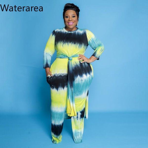 

plus size tracksuits waterarea two piece set women clothing pants sets tie dye o-neck wide leg elastic waist fashion streetwear