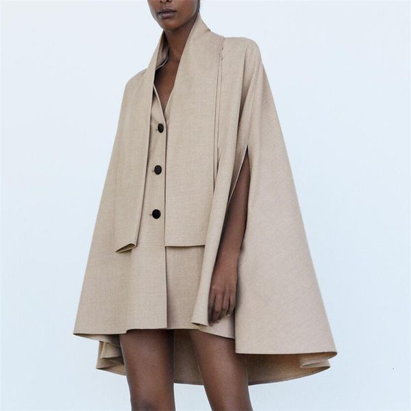 

2021 new women fashion solid loose cape trench vintage v neck female outerwear chic single breasted long coat 9b5w, Tan;black