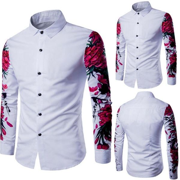 

men's casual shirts men solid color floral print long sleeve buttons down slim shirt blouse fashion styles hawaii vacation clothing, White;black