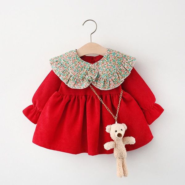 

girl's dresses spring baby girls kids children solid color cute doll collar dress +plush bear accessories, Red;yellow