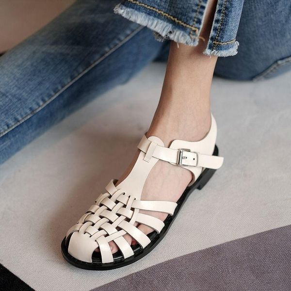 

sandals 2021 women summer ankle strap roman beach shoes female pound toe hollow out fashion low heels ladies, Black
