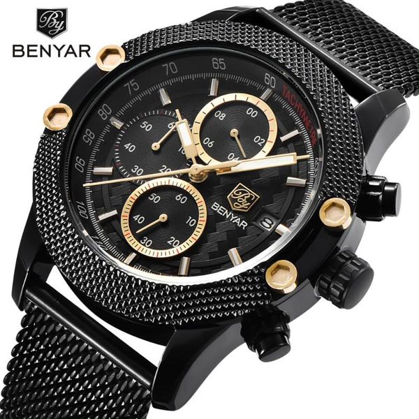 

wristwatches benyar sport chronograph watches men steel mesh & rubber clock waterproof quartz watch gold relogio masculino, Slivery;brown