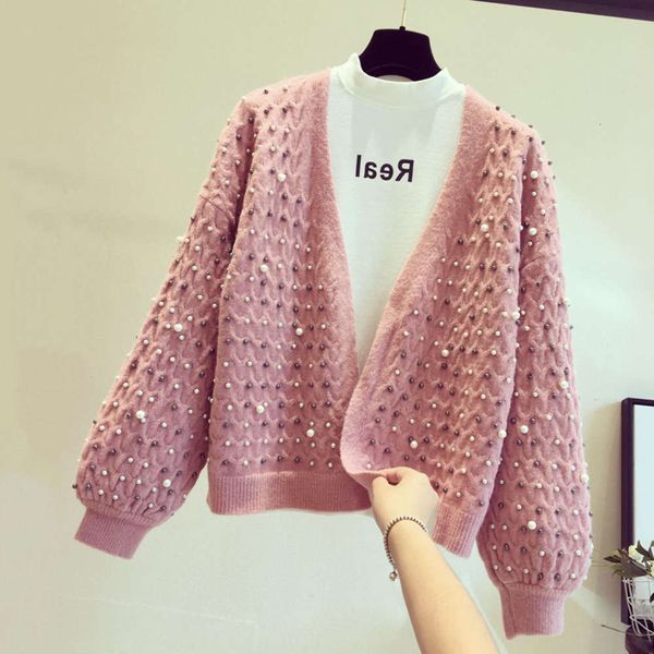 

2021heavy industry pearl sweater coat for women in autumn and winter, White;black