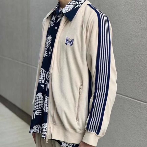 

men's jackets 2021ss awge needles velvet jacket men women 1:1 coat butterfly embroidery striped webbing, Black;brown