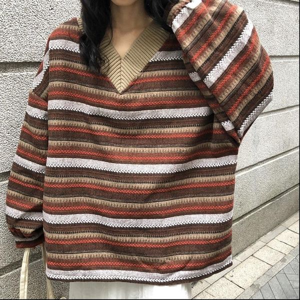 

2021 new spring knitting pullovers v collar loose large size korean fashion striped women sweater tide tm1553, White;black