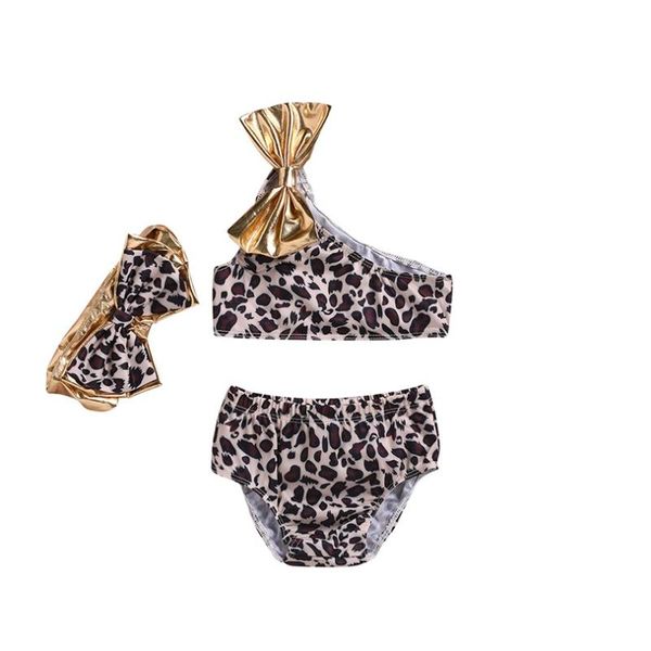 

one-pieces baby girls two pieces swimsuit + headband set toddler polyester summer bow leopard printed beach bathing bikini swimwear a40, Black